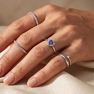 D'Joy Premium Tanzanite, Moissanite Ring in Rhodium Over Sterling Silver (Size 5.0) 1.35 ctw