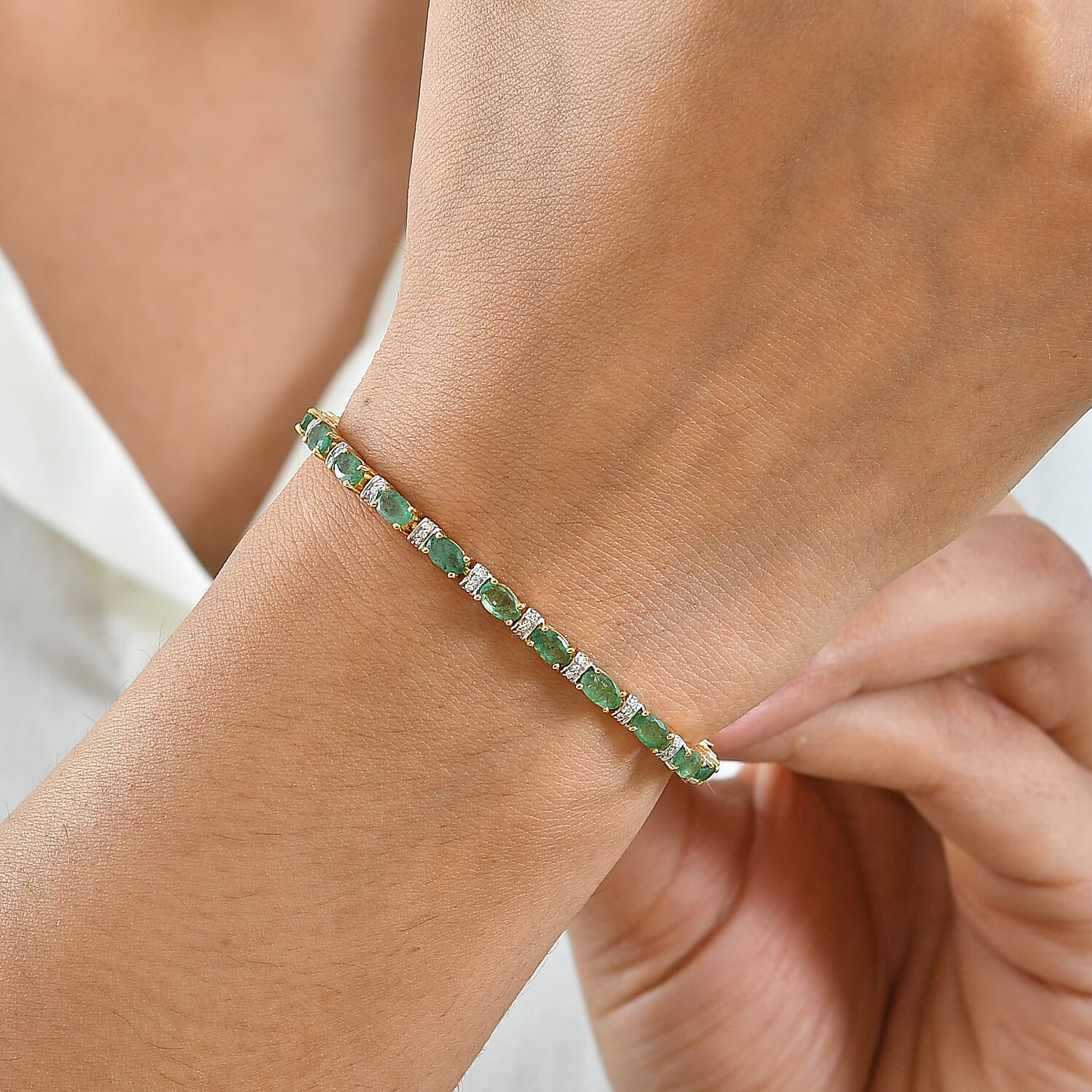 D'Joy Premium Kagem Zambian Emerald and Moissanite 5.50 ctw Dynasty Tennis Bracelet in 18K Vermeil YG Over Sterling Silver (6.50 In)
