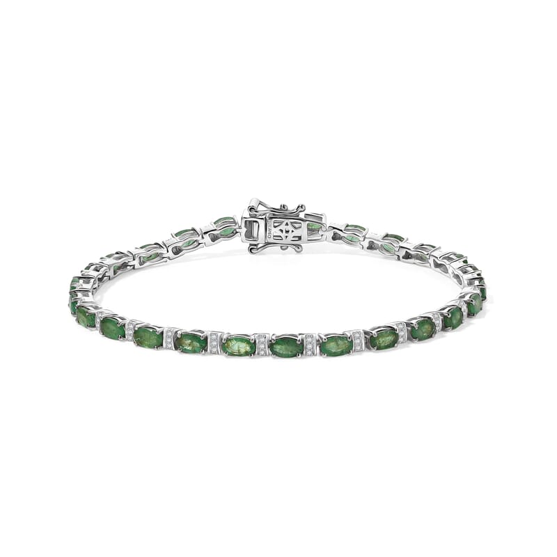 D'Joy Premium Kagem Zambian Emerald and Moissanite 5.35 ctw Dynasty Tennis Bracelet in Rhodium Over Sterling Silver (6.50 In)
