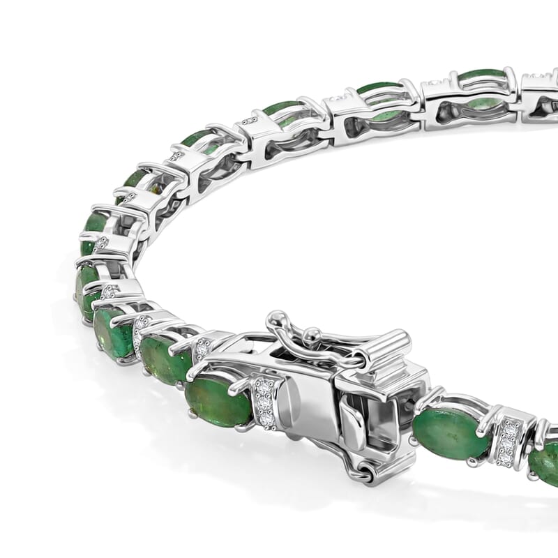 D'Joy Premium Kagem Zambian Emerald and Moissanite 5.35 ctw Dynasty Tennis Bracelet in Rhodium Over Sterling Silver (6.50 In)