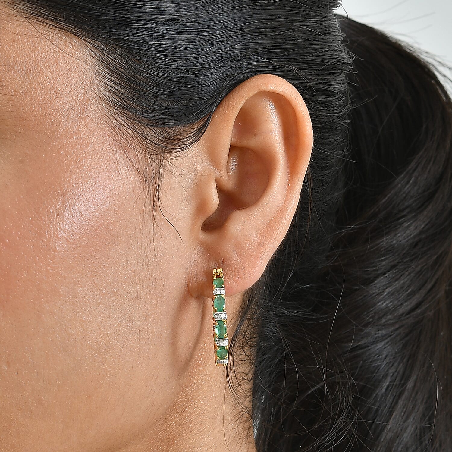 Doorbuster D'Joy Premium Kagem Zambian Emerald and Moissanite 3.50 ctw Hoop Earrings in 18K Vermeil Yellow Gold Over Sterling Silver