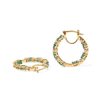 D'Joy Premium Kagem Zambian Emerald and Moissanite 3.50 ctw Dynasty Hoop Earrings in 18K Vermeil Yellow Gold Over Sterling Silver