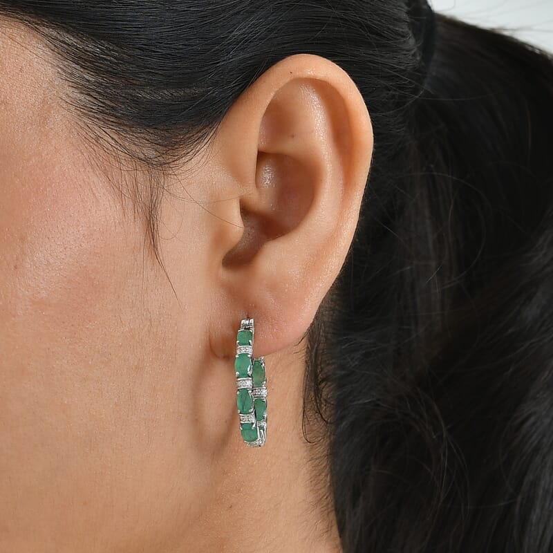 D'Joy Premium Kagem Zambian Emerald and Moissanite 3.60 ctw Dynasty Hoop Earrings in Rhodium Over Sterling Silver