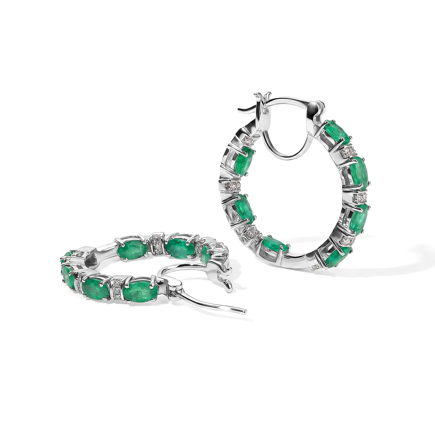 D'Joy Premium Kagem Zambian Emerald and Moissanite 3.60 ctw Dynasty Hoop Earrings in Rhodium Over Sterling Silver