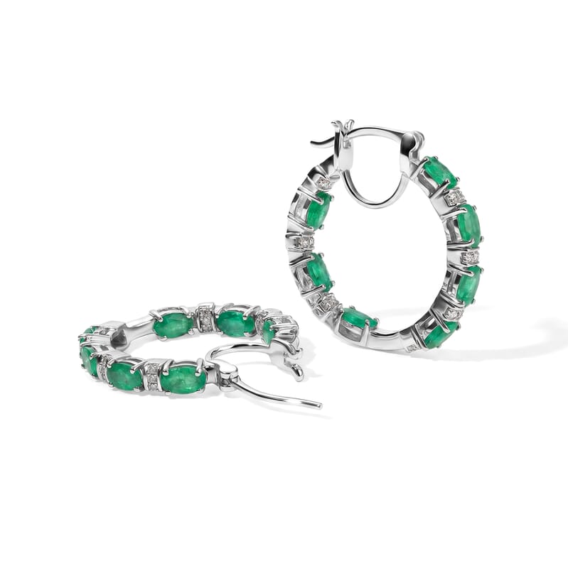 D'Joy Premium Kagem Zambian Emerald and Moissanite 3.60 ctw Dynasty Hoop Earrings in Rhodium Over Sterling Silver