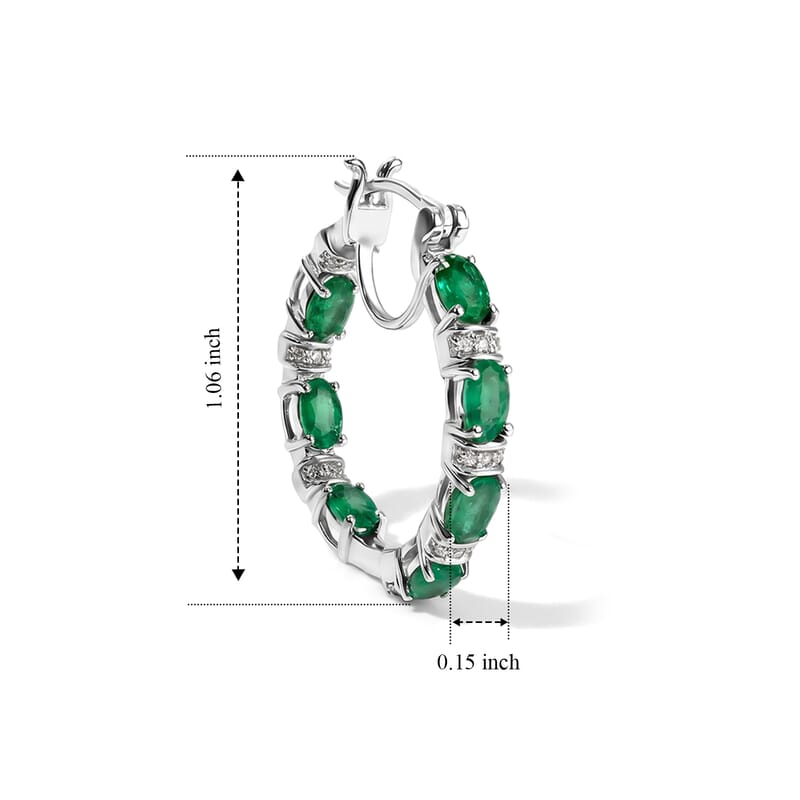 D'Joy Premium Kagem Zambian Emerald and Moissanite 3.60 ctw Dynasty Hoop Earrings in Rhodium Over Sterling Silver