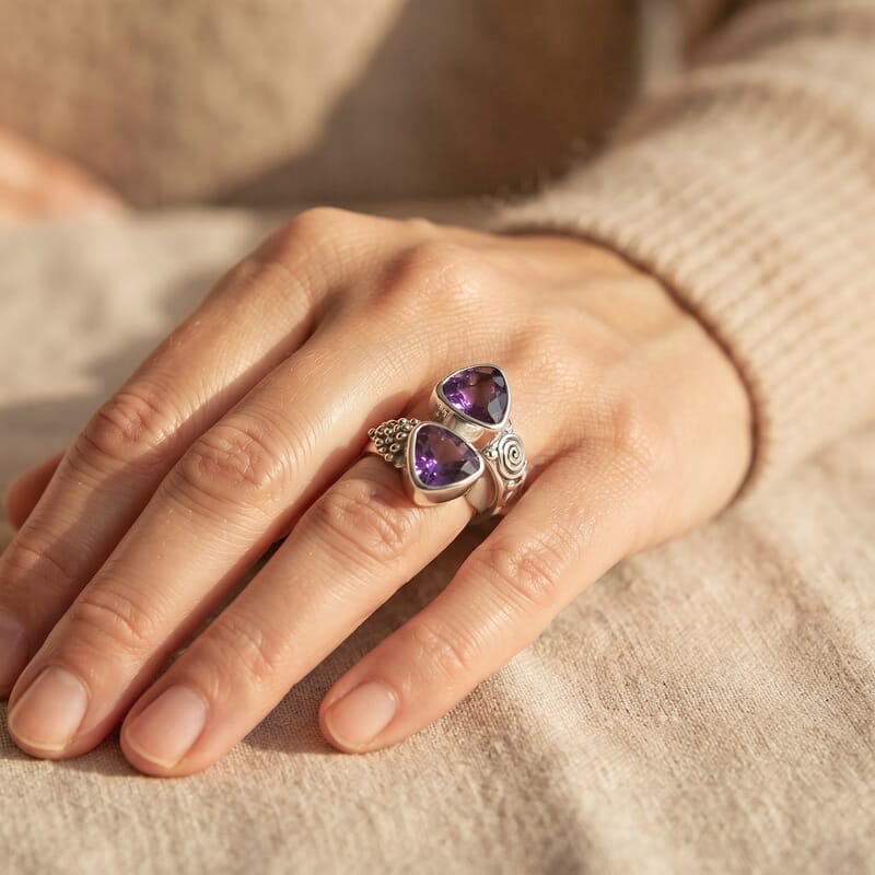 Sajen Silver African Amethyst 6.20 ctw Bypass Ring in Sterling Silver (Size 5.0)