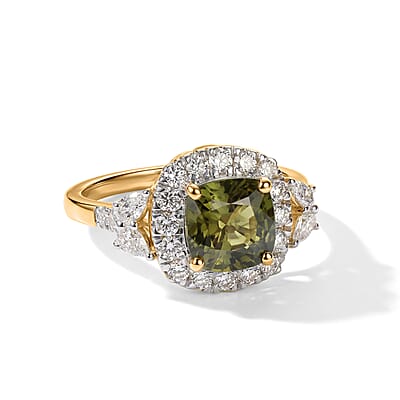 Certified and Appraised 10K Yellow Gold AAA Milanoa Green Sapphire, Luxuriant Lab Grown Diamond (G-H, SI) (0.62 cts) Ring (Size 5.0) 2.40 ctw