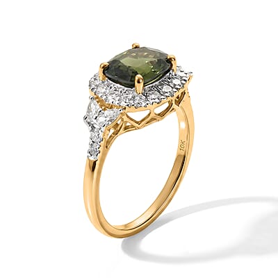Certified and Appraised 10K Yellow Gold AAA Milanoa Green Sapphire, Luxuriant Lab Grown Diamond (G-H, SI) (0.62 cts) Ring (Size 5.0) 2.40 ctw