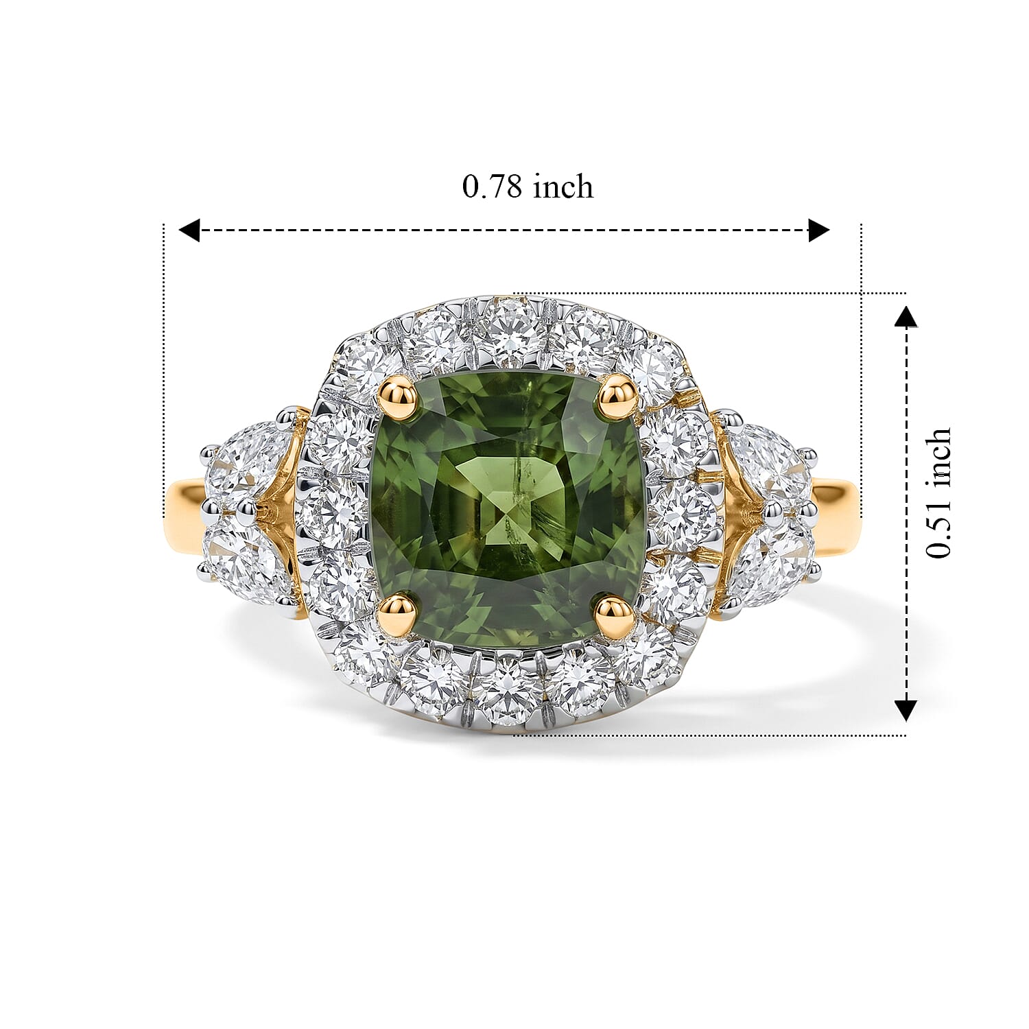Certified and Appraised 10K Yellow Gold AAA Milanoa Green Sapphire, Luxuriant Lab Grown Diamond (G-H, SI) (0.62 cts) Ring (Size 5.0) 2.40 ctw