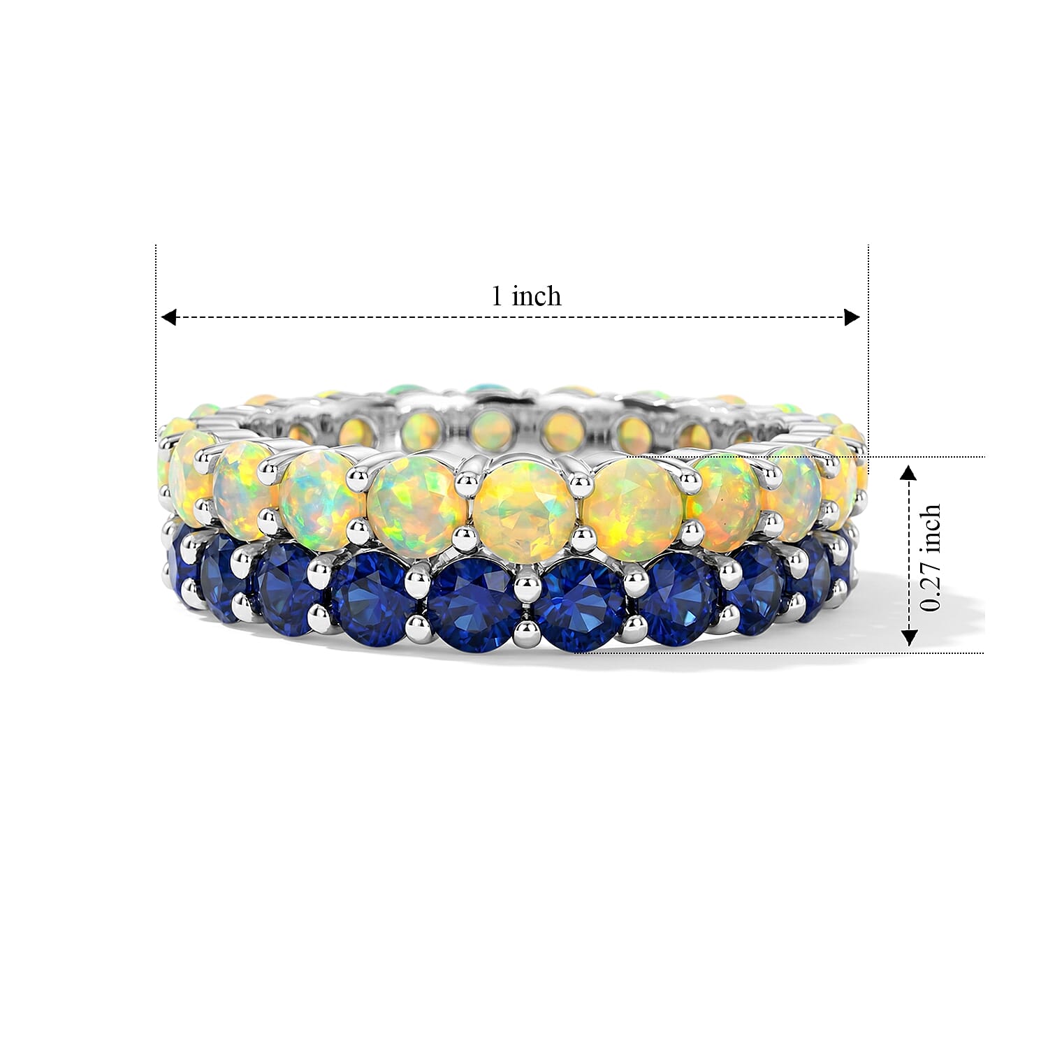 Opalite and Simulated Blue Diamond 3.10 ctw Half Band Ring in Sterling Silver (Size 7.0)