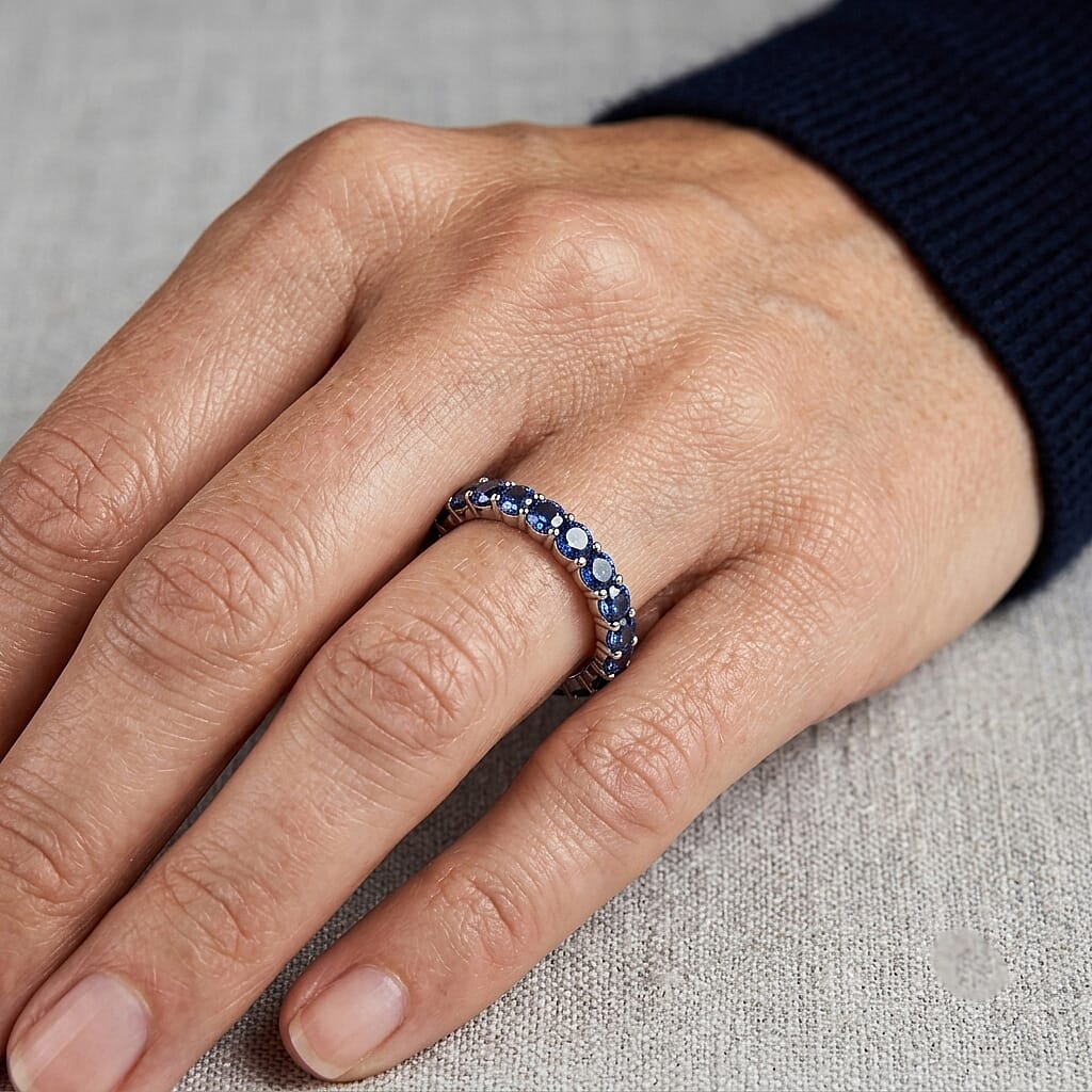 Simulated Blue Diamond Band Ring in Sterling Silver (Size 7.0)