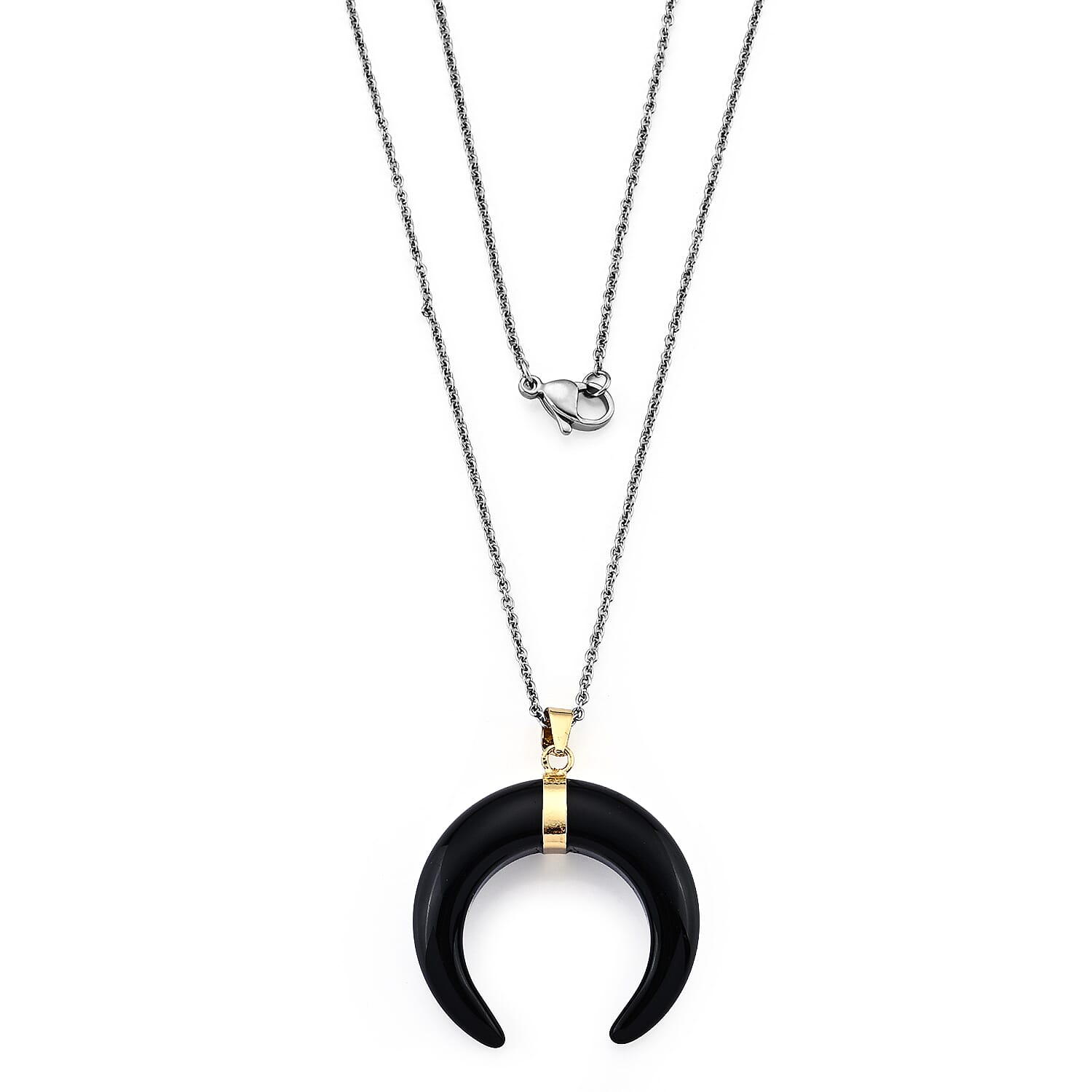 Black Obsidian 50.00 ctw Horn Pendant in Goldtone with Stainless Steel Necklace (20 Inches)