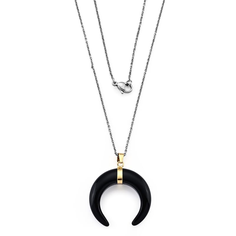 Black Obsidian 50.00 ctw Horn Pendant in Goldtone with Stainless Steel Necklace (20 Inches)
