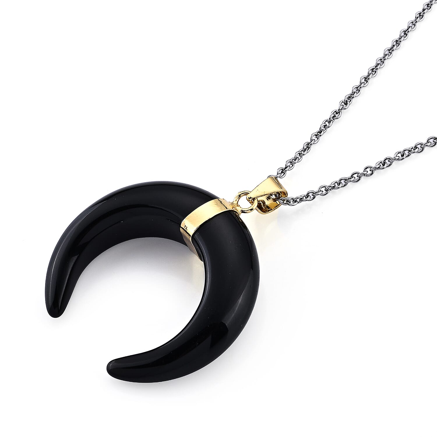 Black Obsidian 50.00 ctw Horn Pendant in Goldtone with Stainless Steel Necklace (20 Inches)