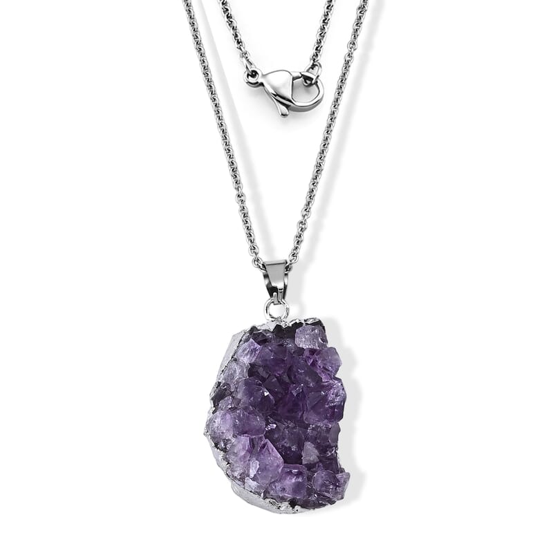 African Amethyst 50.00 ctw Pendant in Silvertone with Stainless Steel Necklace 20 Inches