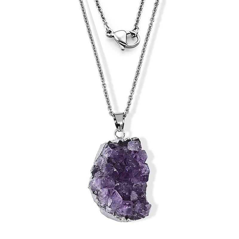 African Amethyst 50.00 ctw Pendant in Silvertone with Stainless Steel Necklace 20 Inches