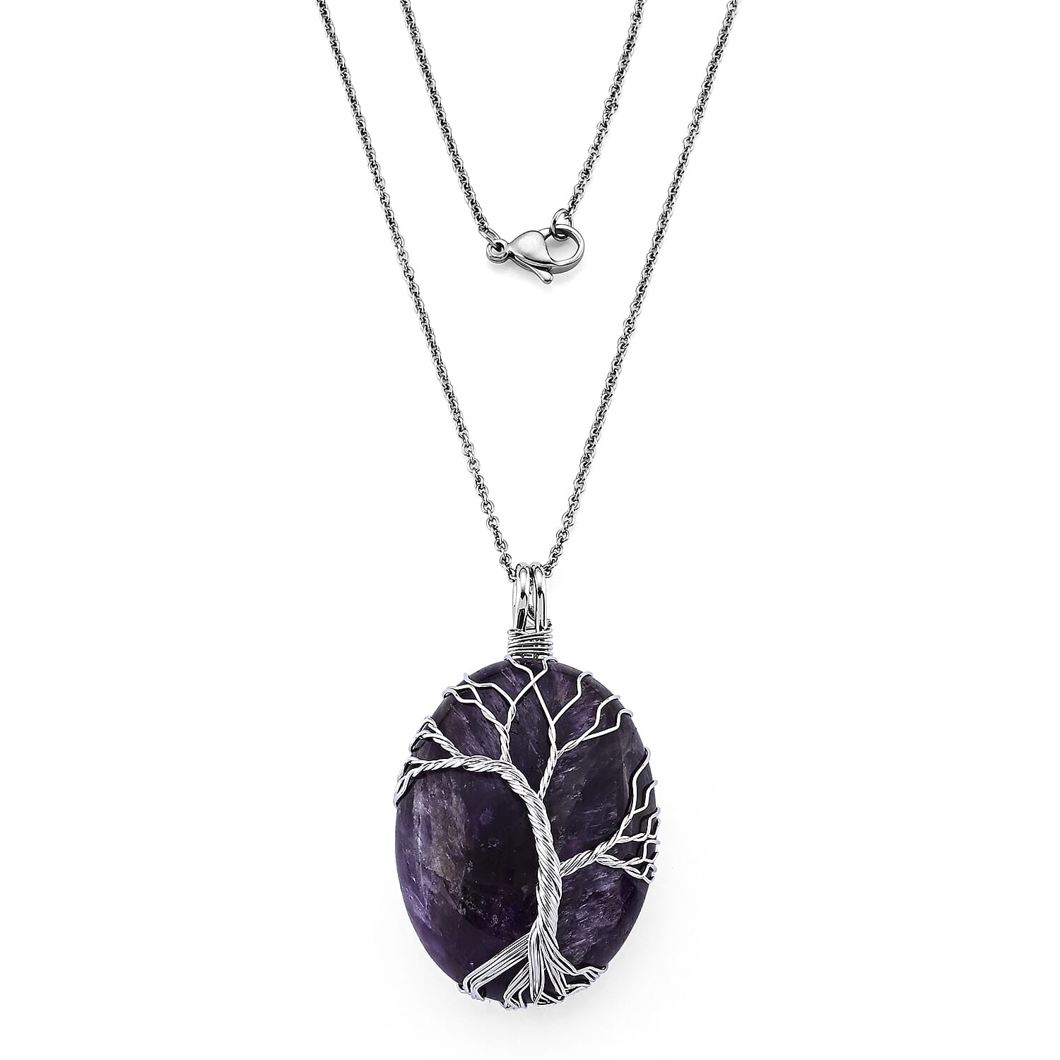 Purple Agate 125.00 ctw Pendant in Silvertone with Stainless Steel Necklace (20 Inches)