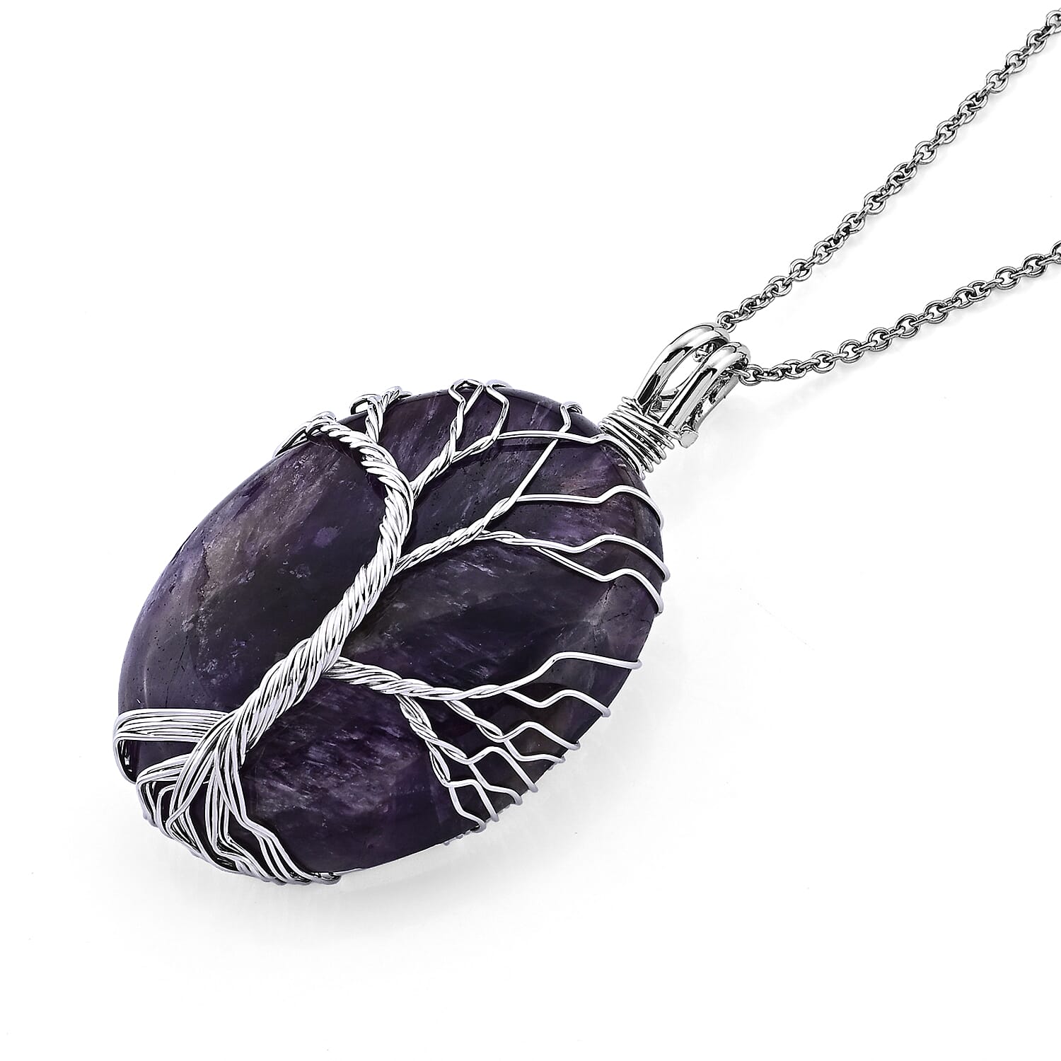 Purple Agate 125.00 ctw Pendant in Silvertone with Stainless Steel Necklace (20 Inches)