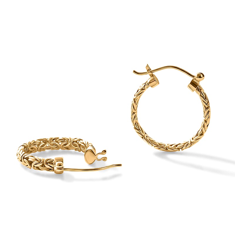 D'Joy Passport to Turkey 2.5mm Square Byzantine Hoop Earrings in 22K Vermeil Yellow Gold Over Sterling Silver 7.40 Grams