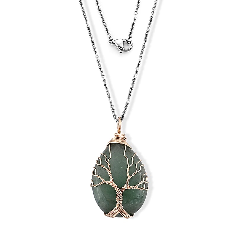 Green Aventurine 60.00 ctw Pendant in Goldtone with ION Plated YG Stainless Steel Necklace 20 Inches