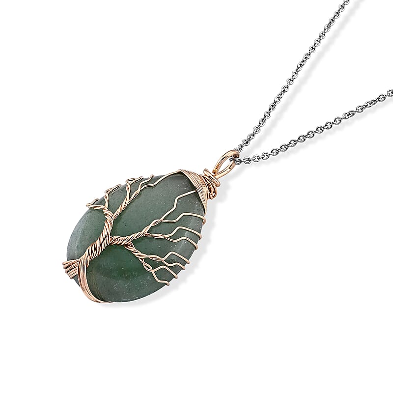 Green Aventurine 60.00 ctw Pendant in Goldtone with ION Plated YG Stainless Steel Necklace 20 Inches