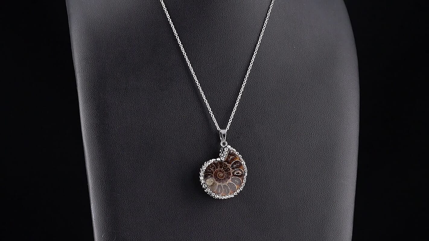 Fossilizes Agate, Simulated Diamond Pendant in Silvertone with Stainless Steel Necklace (20 Inches) 63.00 ctw