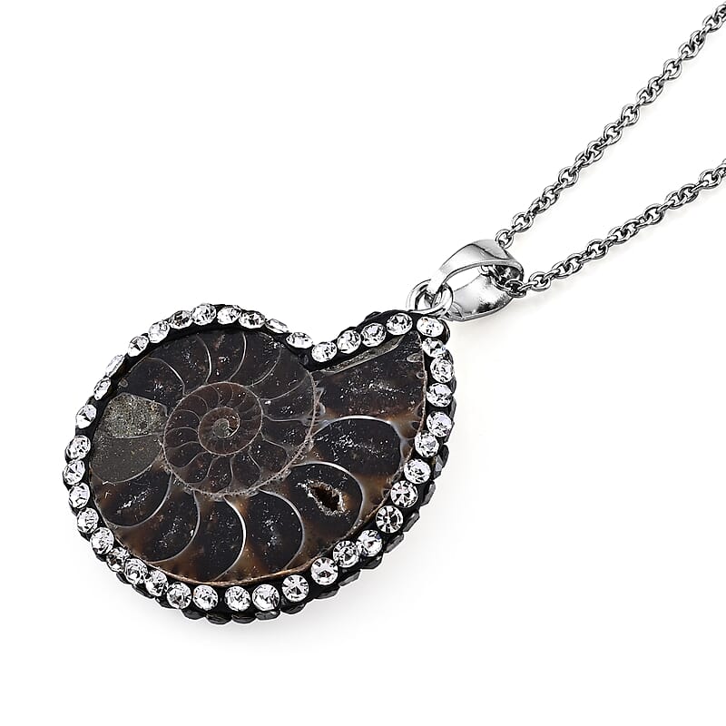 Fossilizes Agate and Simulated Diamond 63.00 ctw Pendant in Silvertone with Stainless Steel Necklace 20 Inches