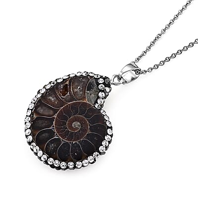 Fossilizes Agate and Simulated Diamond 58.00 ctw Pendant in Silvertone with Stainless Steel Necklace 20 Inches