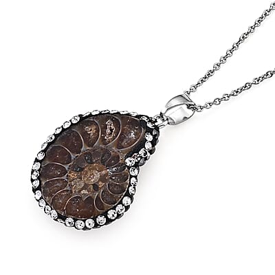 Fossilizes Agate and Simulated Diamond 56.00 ctw Pendant in Silvertone with Stainless Steel Necklace 20 Inches