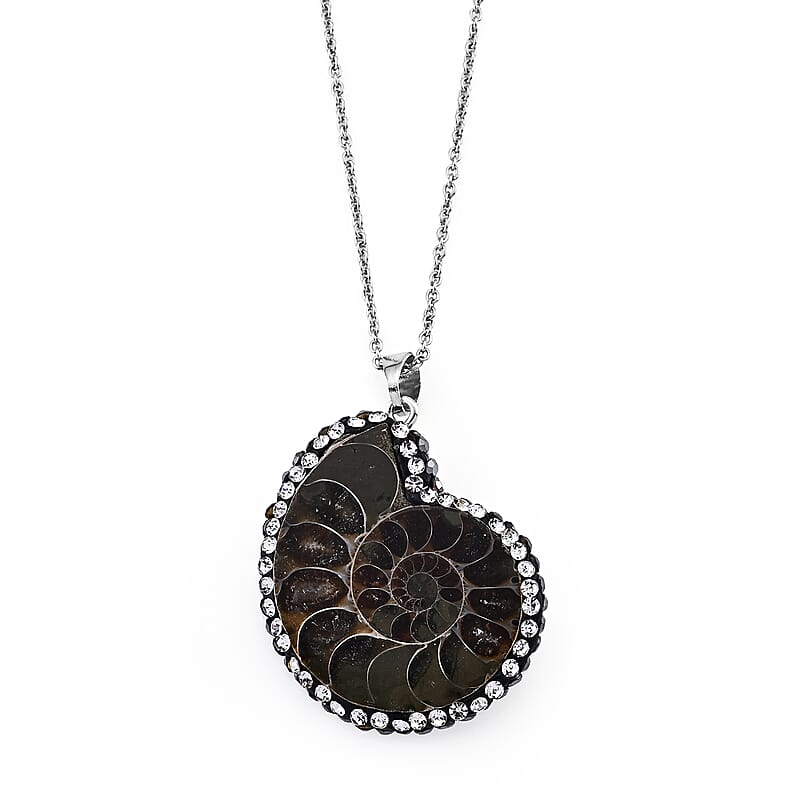 Fossilizes Agate and Simulated Diamond 108.00 ctw Pendant in Silvertone with Stainless Steel Necklace (20 Inches)