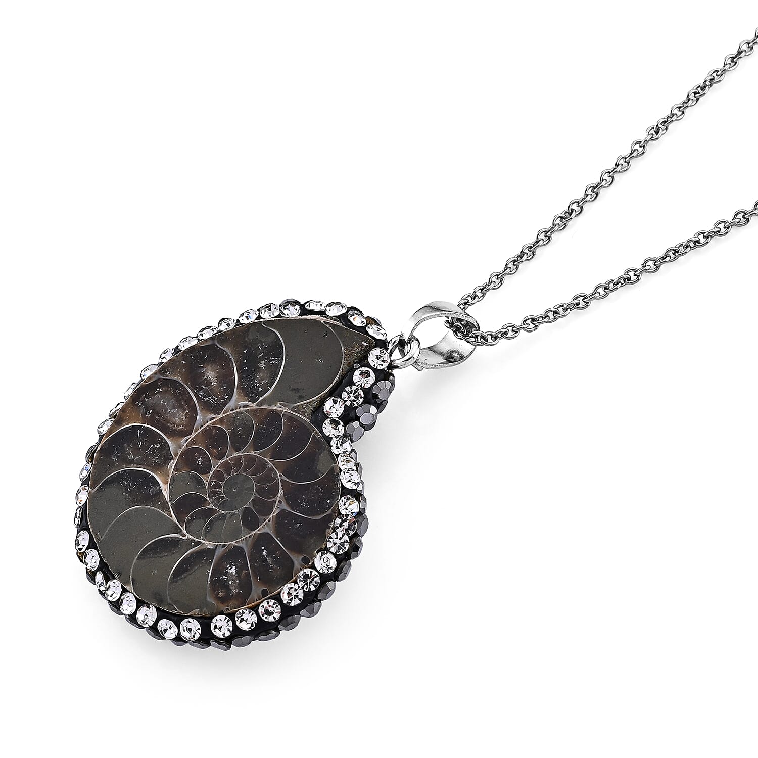 Fossilizes Agate and Simulated Diamond 108.00 ctw Pendant in Silvertone with Stainless Steel Necklace (20 Inches)