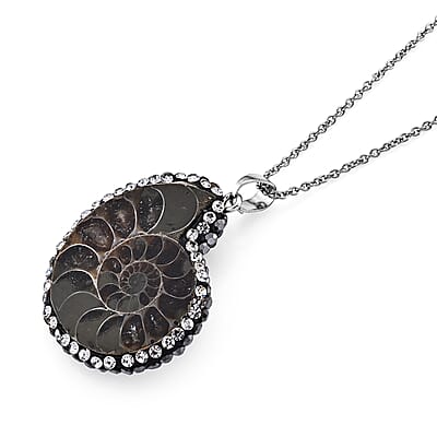 Fossilizes Agate and Simulated Diamond 108.00 ctw Pendant in Silvertone with Stainless Steel Necklace (20 Inches)