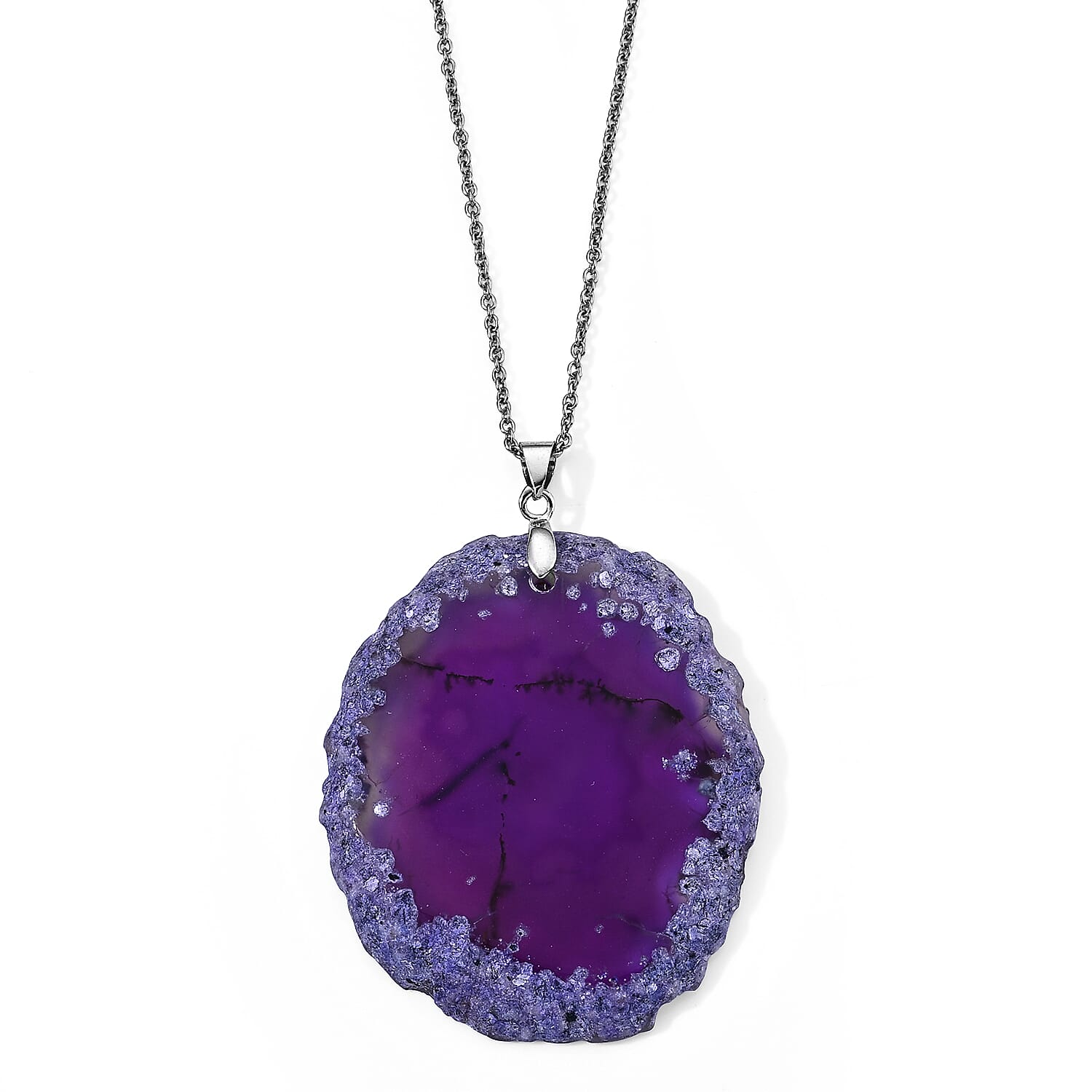 Purple Agate 55.00 ctw Pendant in Silvertone with Stainless Steel Necklace (20 Inches)