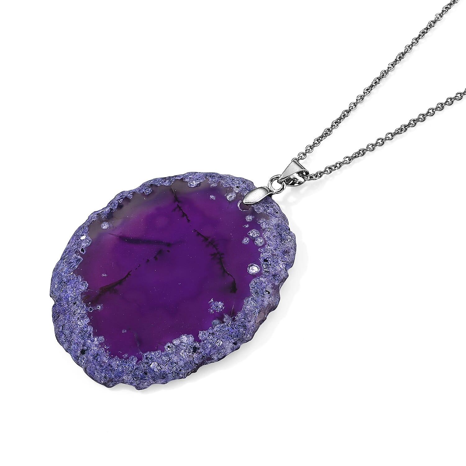Purple Agate 55.00 ctw Pendant in Silvertone with Stainless Steel Necklace (20 Inches)