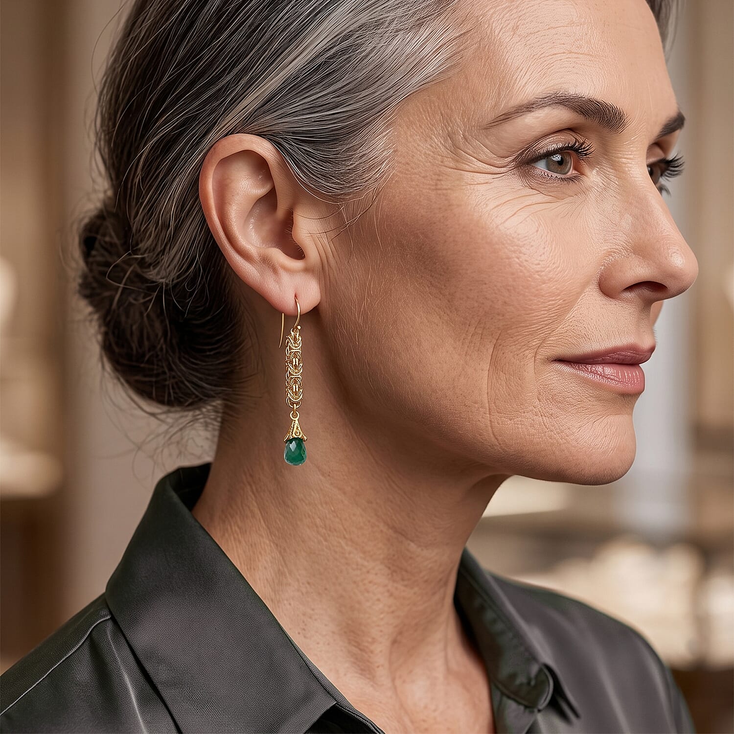 D'Joy Passport to Turkey Green Onyx 2.00 ctw Earrings in 22K Yellow Gold Over Sterling Silver