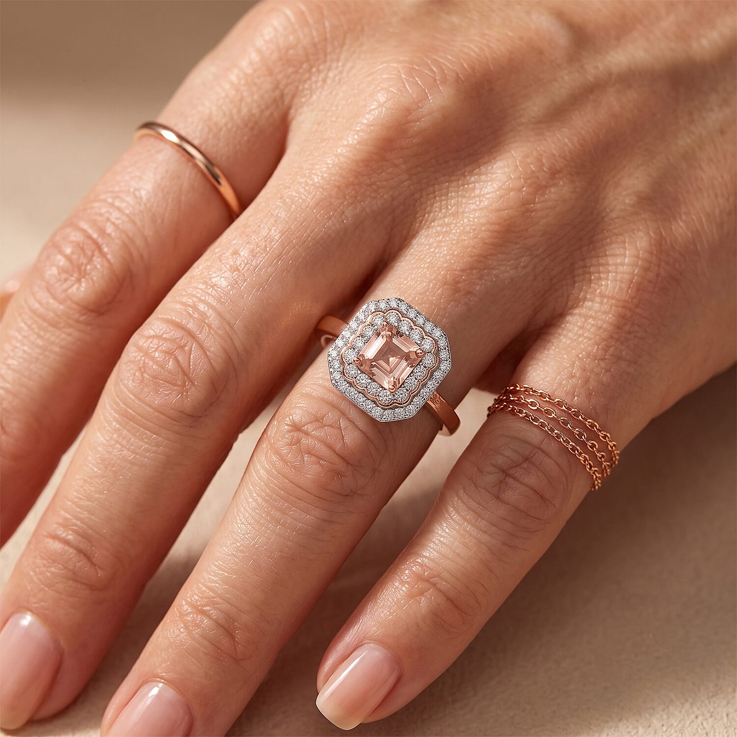 Certified and Appraised D'Joy Premium Pink Morganite and Moissanite 1.40 ctw Ring in 18K Vermeil Rose Gold Over Sterling Silver (Size 6.0)