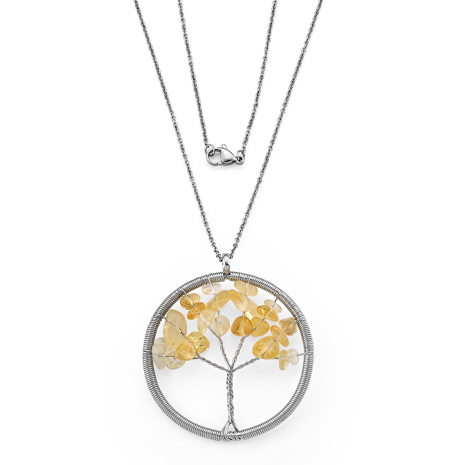 Austrian Yellow Crystal 15.00 ctw Tree Of Life Pendant in Silvertone with Stainless Steel Necklace (20 Inches)