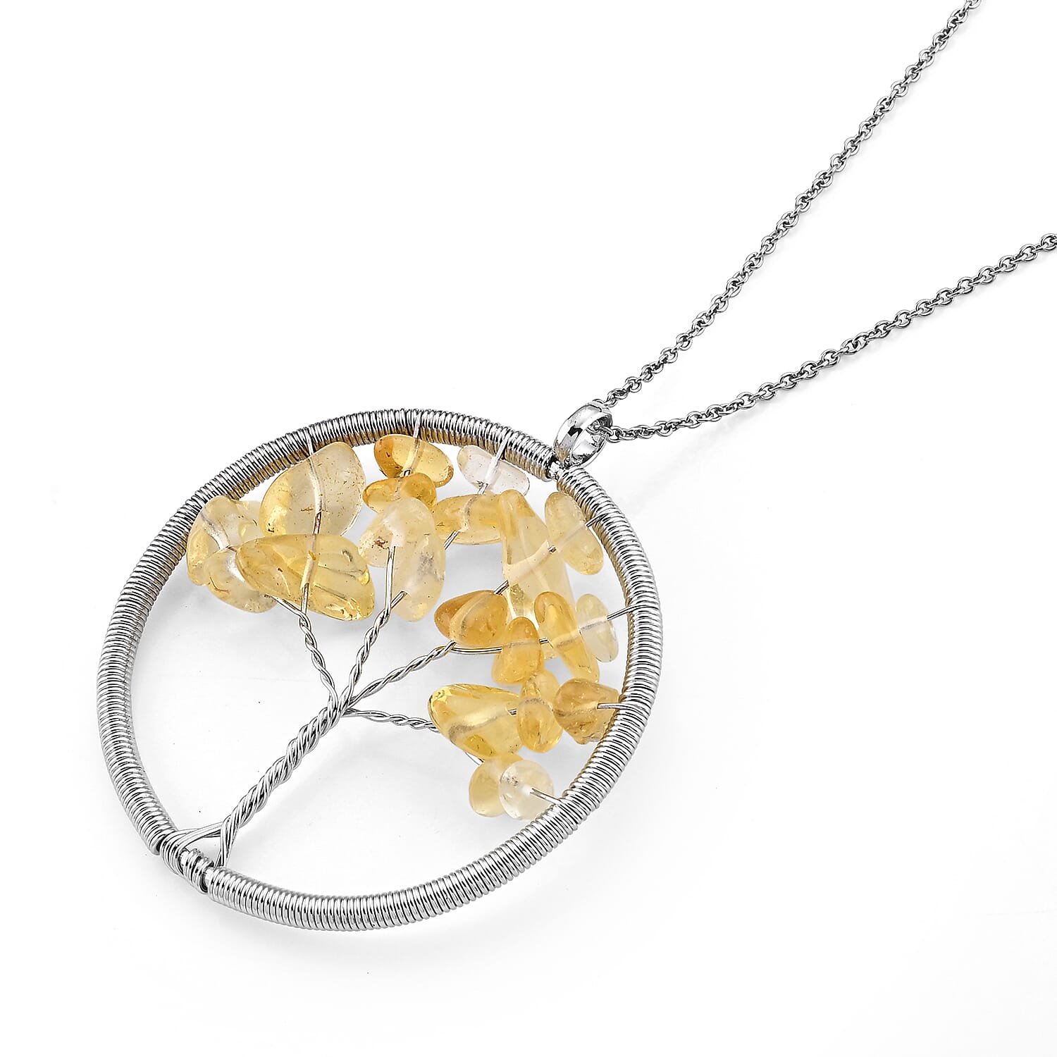 Austrian Yellow Crystal 15.00 ctw Tree Of Life Pendant in Silvertone with Stainless Steel Necklace (20 Inches)