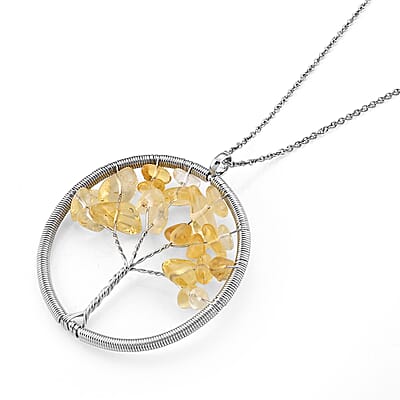 Austrian Yellow Crystal 15.00 ctw Tree Of Life Pendant in Silvertone with Stainless Steel Necklace (20 Inches)