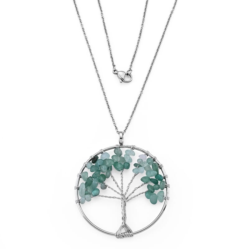 Green Aventurine 15.00 ctw Tree Of Life Pendant in Silvertone with Stainless Steel Necklace (20 Inches)