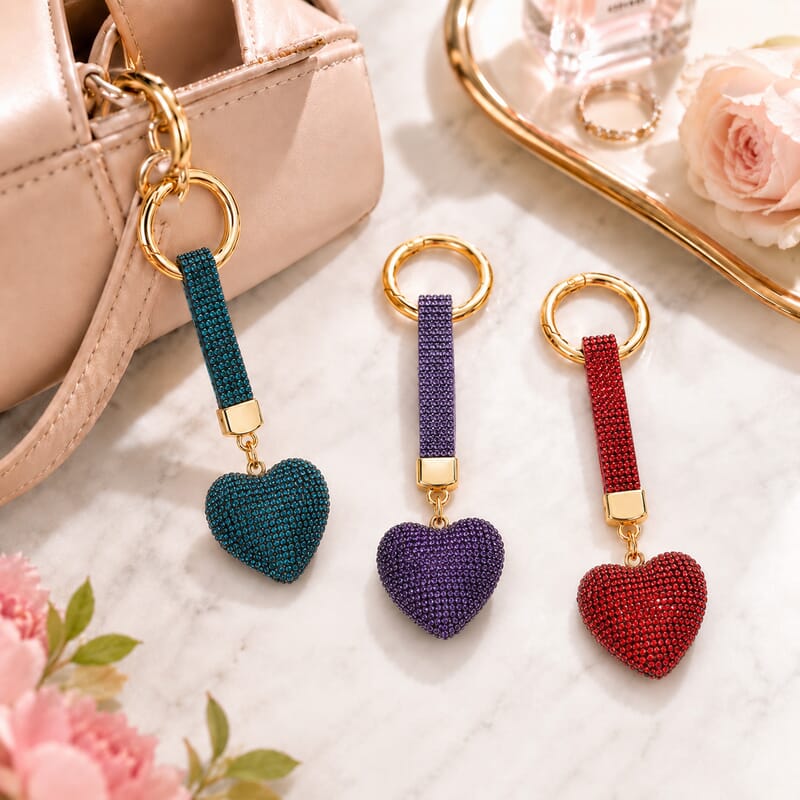 Green, Purple and Red Crystal 3pcs Set Heart Keychain in Goldtone