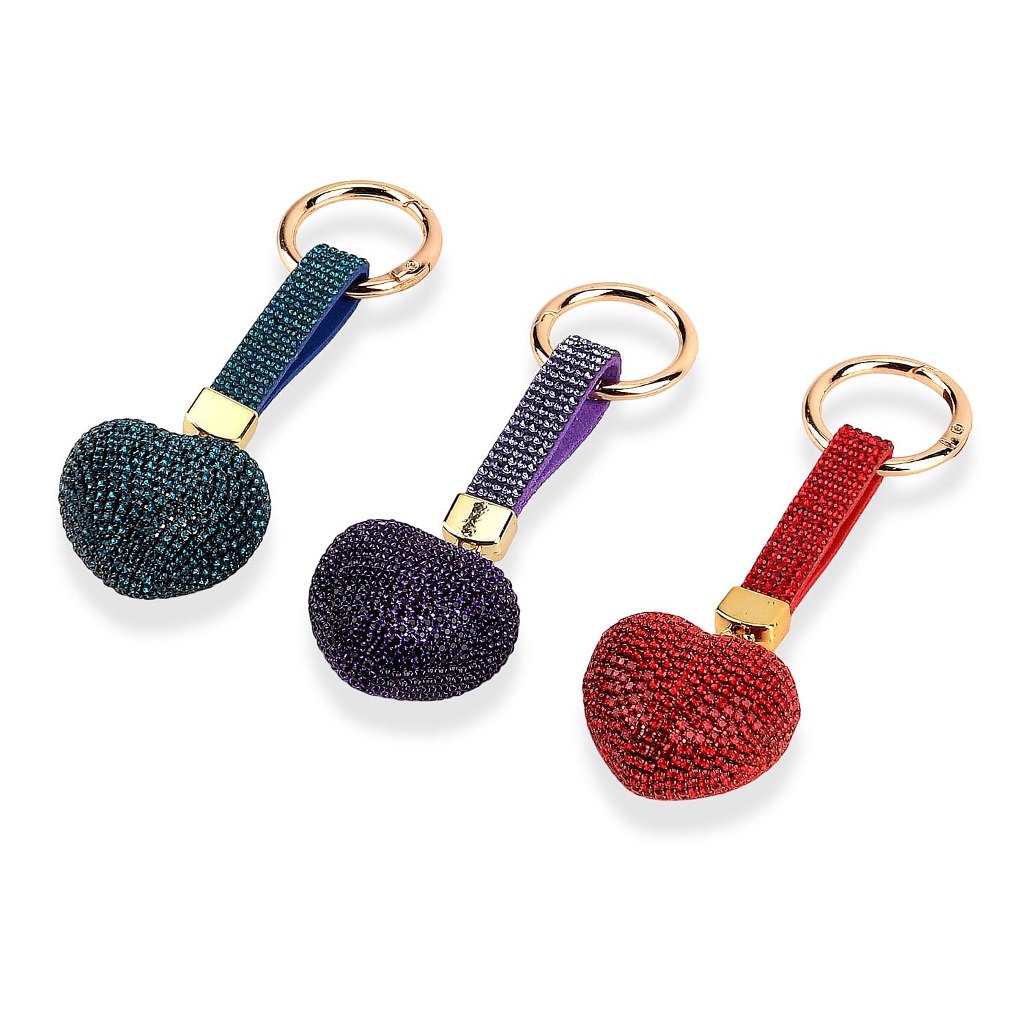 Green, Purple and Red Crystal 3pcs Set Heart Keychain in Goldtone