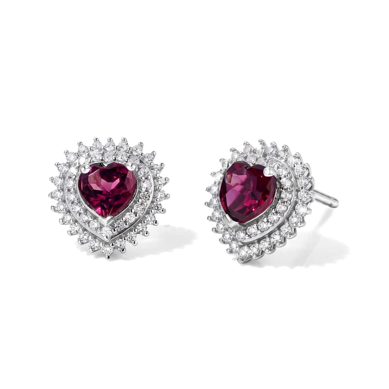 D'Joy Premium Orissa Rhodolite Garnet and White Zircon 1.60 ctw Royal Heart Earrings in Rhodium Over Sterling Silver