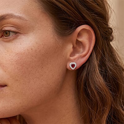 D'Joy Premium Orissa Rhodolite Garnet and White Zircon 1.60 ctw Royal Heart Earrings in Rhodium Over Sterling Silver