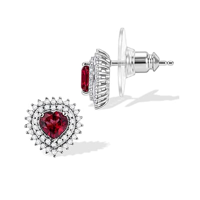 D'Joy Premium Orissa Rhodolite Garnet and White Zircon 1.60 ctw Royal Heart Earrings in Rhodium Over Sterling Silver