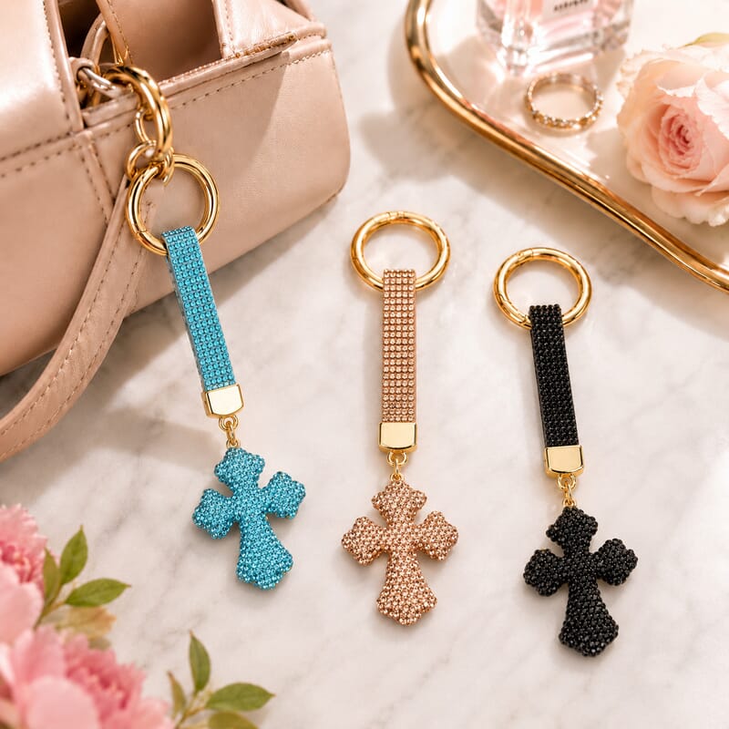 Black, Blue and Champagne Crystal 3pcs Set Cross Keychain in Goldtone