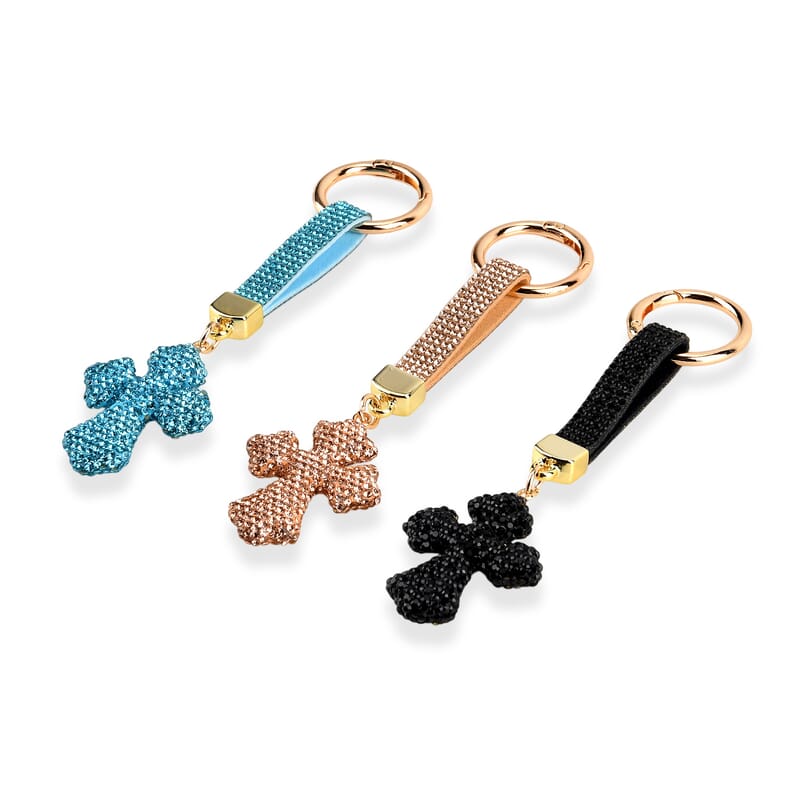 Black, Blue and Champagne Crystal 3pcs Set Cross Keychain in Goldtone