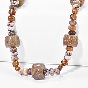 EverTrue Unakite, Peanut Wood Jasper and Brown Pearl (D) 350.00 ctw Necklace in Platinum Bond 18-19 Inches