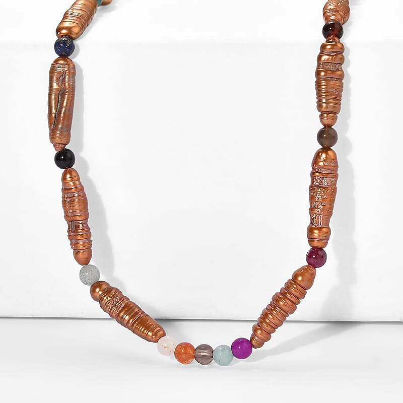 EverTrue Multi Color Agate and Brown Pearl (D) 20.00 ctw Necklace in Platinum Bond 18-19 Inches